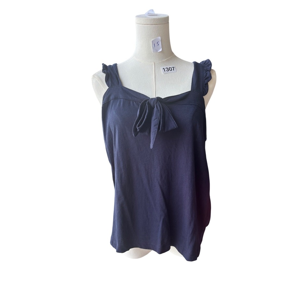 J Crew Tie Front Tank Top Women L Navy Blue Ruffle Strap Cotton Sleeveless Shirt